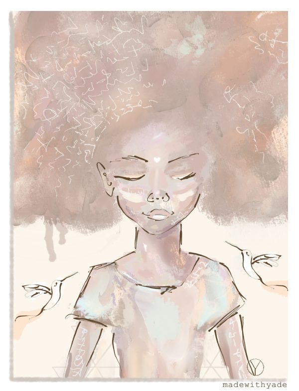 Een tekening van een meisje met een afro.