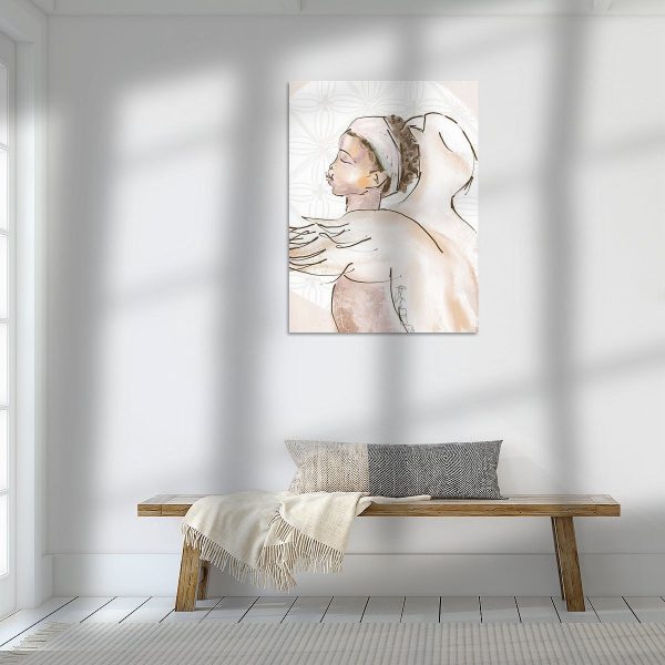 Een "Arend (ll) en het Meisje l Canvas" schilderij op doek, voorstellende een vrouw die een baby vasthoudt op een bankje in een witte kamer.