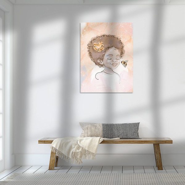Een schilderij van een meisje met een afro op een bankje in een kamer, verkrijgbaar op Bij en het Meisje l Canvas.
