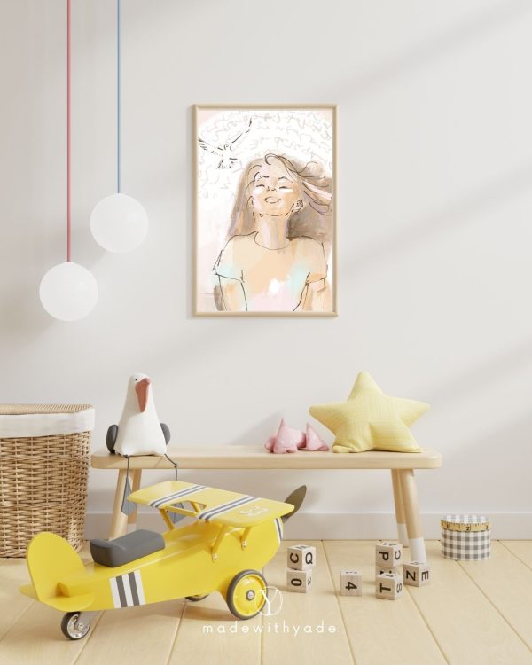Een kinderkamer met een poster van een meisje en een speelgoedvliegtuig met daarop het Duif en het Meisje l Canvas.