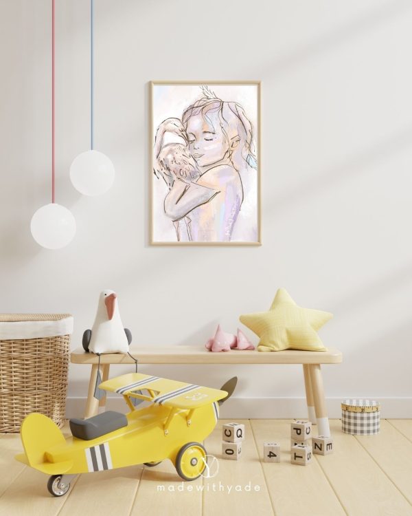 Een kinderkamer met een schilderij van een meisje dat een speelgoedvliegtuig vasthoudt op het Flamingo en het Meisje l Canvas.