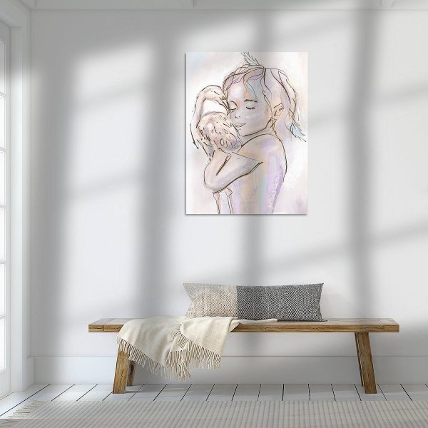 Een schilderij van een vrouw met een baby op een bankje, met Flamingo en het Meisje l Canvas.