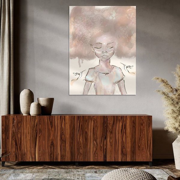 Een Kolibrie en het Meisje l Canvas schilderij van een meisje met afrohaar voor een ladekast.