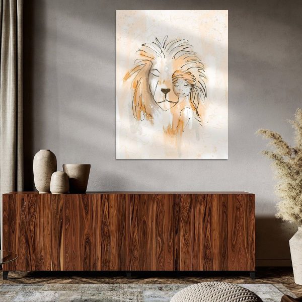 Een Leeuw en het Meisje l Canvas tentoongesteld in een woonkamer.