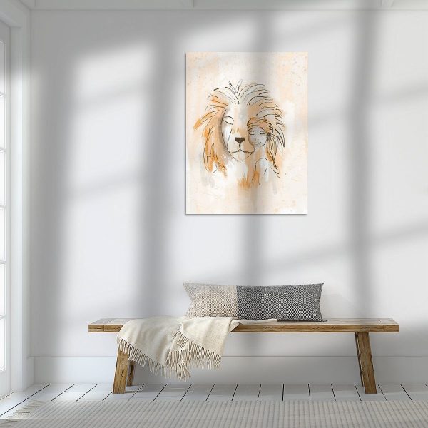 Een schilderij van een leeuw zittend op een bankje in een kamer met Leeuw en het Meisje l Canvas.