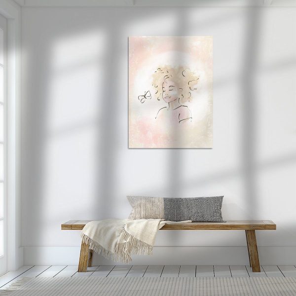 Een schilderij van een meisje zittend op een bankje in een kamer, met de trefwoorden "Vlinder en het Meisje l Canvas.