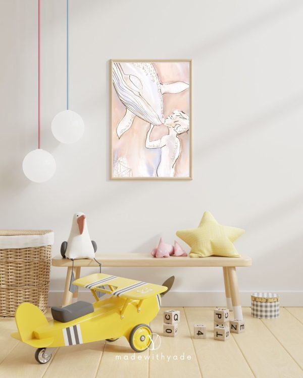 Een kinderkamer met een houten bankje en een schilderij van een walvis: Walvis en het Jongetje l Canvas.