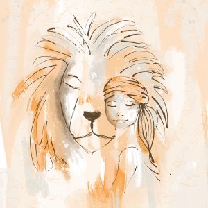 Illustratie als schilderij kinderen, van een leeuw en een meisje. Schilderij dieren in oranje geschilderde stijl.