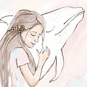 Een tekening van een meisje dat een dolfijn knuffelt. Als schilderij dieren, is het favoriet bij grote en kleine kinderen. Door de zachte pastelkleuren en getekende illustraties is het een schilderij van kinderen. En voor kinderen.