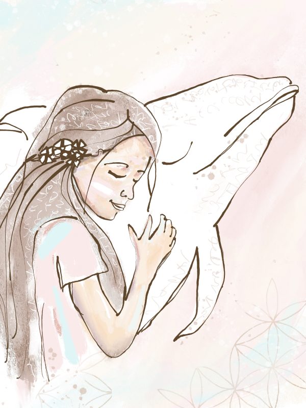 Een tekening van een meisje dat een dolfijn knuffelt. Als schilderij dieren, is het favoriet bij grote en kleine kinderen. Door de zachte pastelkleuren en getekende illustraties is het een schilderij van kinderen. En voor kinderen.