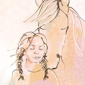 Getekende illustratie in pastelkleuren van een meisje en een paard. Een sfeer van zachtheid en rust. Als schilderij voor en van kinderen en dieren. Materiaal canvas.