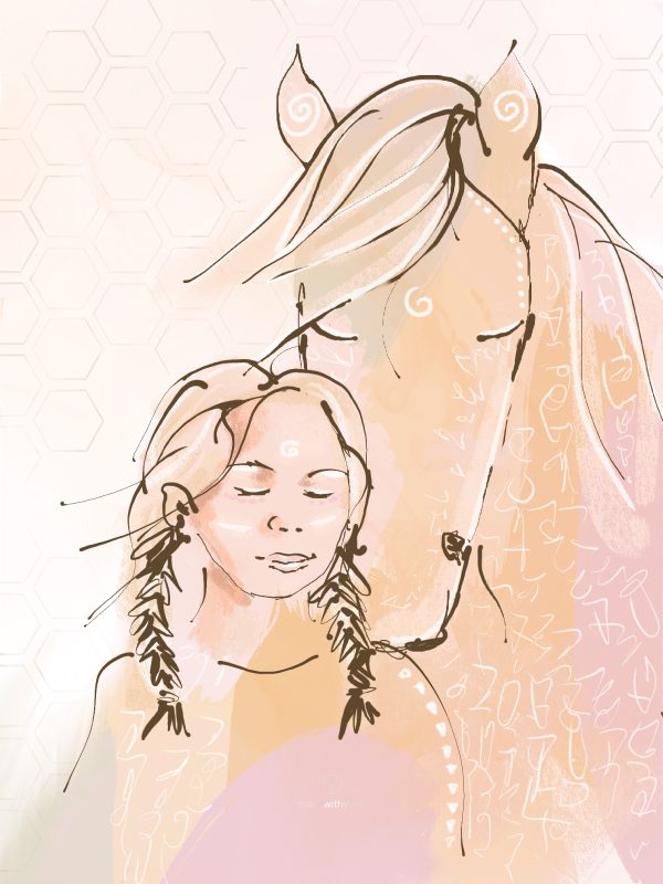 Getekende illustratie in pastelkleuren van een meisje en een paard. Een sfeer van zachtheid en rust. Als schilderij voor en van kinderen en dieren. Materiaal canvas.