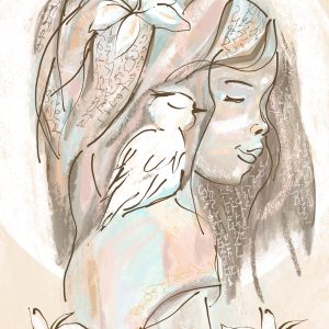 Illustratie als schilderij van een meisje met een vogel op haar schouder. Schilderij kinderen, in zachte kleuren is geschikt voor klein en groot. Materiaal canvas.