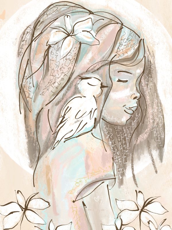 Illustratie als schilderij van een meisje met een vogel op haar schouder. Schilderij kinderen, in zachte kleuren is geschikt voor klein en groot. Materiaal canvas.