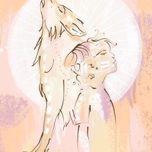 Canvas Schilderij dieren van een wolf en een jongetje. Een illustratie in sterke oranje en roze kleuren. Schilderij kinderen, die fijn is voor jong en oud.