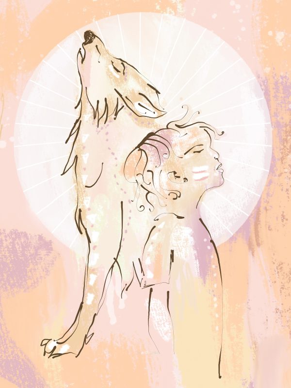 Canvas Schilderij dieren van een wolf en een jongetje. Een illustratie in sterke oranje en roze kleuren. Schilderij kinderen, die fijn is voor jong en oud.